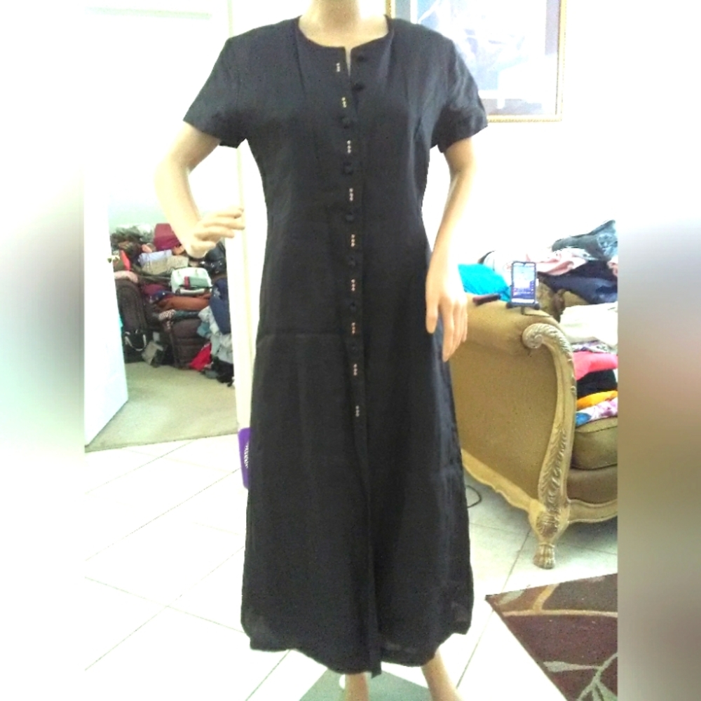 VINTAGE Elegant Black Button-Down Dress 100%LINEN BY CALI CALI SZ. 6  SHORT SLV